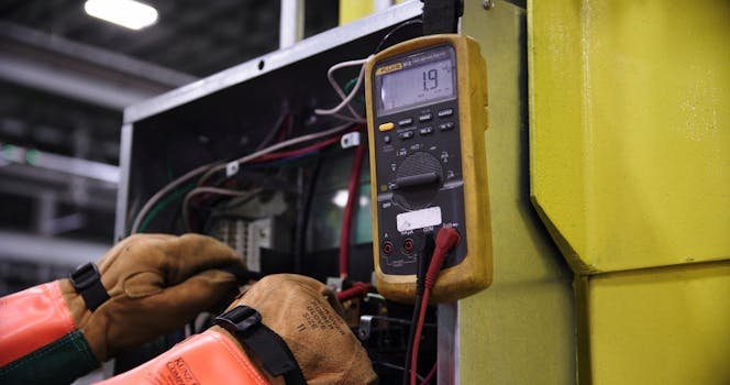 Electrician using a multimeter to fix industrial control panel wiring.