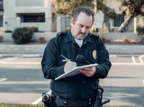 Police officer in uniform writing a ticket on a clipboard outdoors.