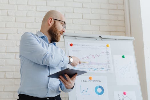 Man giving a business presentation with financial graphs on a whiteboard using a tablet for explanation.