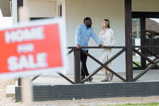 A black man and caucasian woman discussing a property for sale on a porch. Ideal for real estate content.